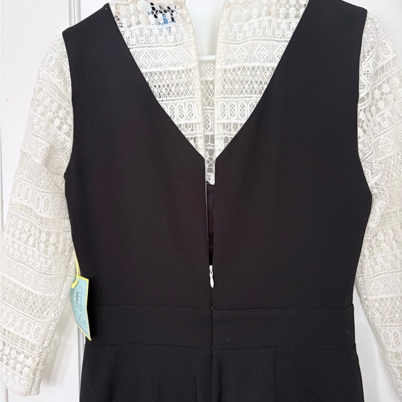 CeCe Black/White V-Neck Wide-Leg Jumpsuit with Lace Sleeves Zipper Back, Women 0 - Picture 4 of 6